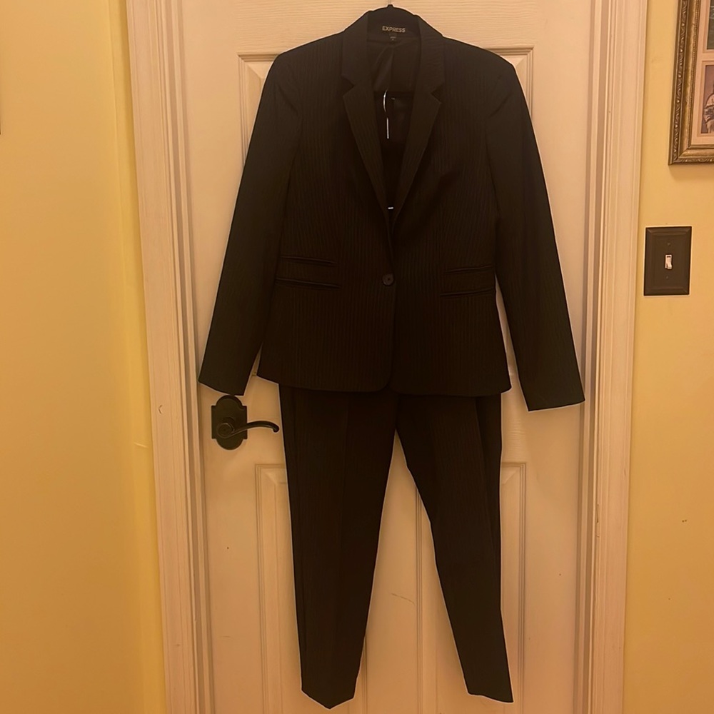 Size 10 Regular - EXPRESS Columnist Black Pinstriped Suit, Worn Once.